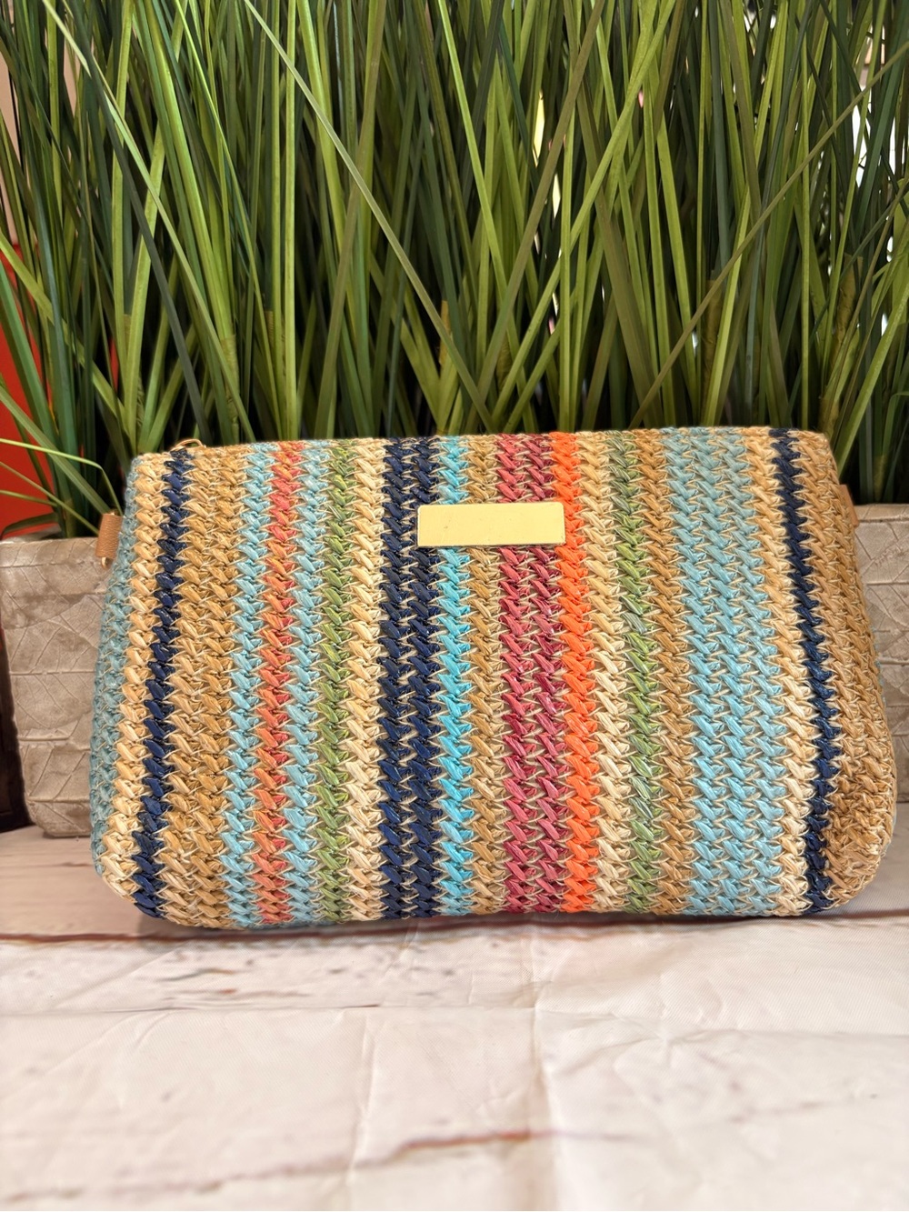 Woven Multi-Color Straw Clutch - Women's Bag